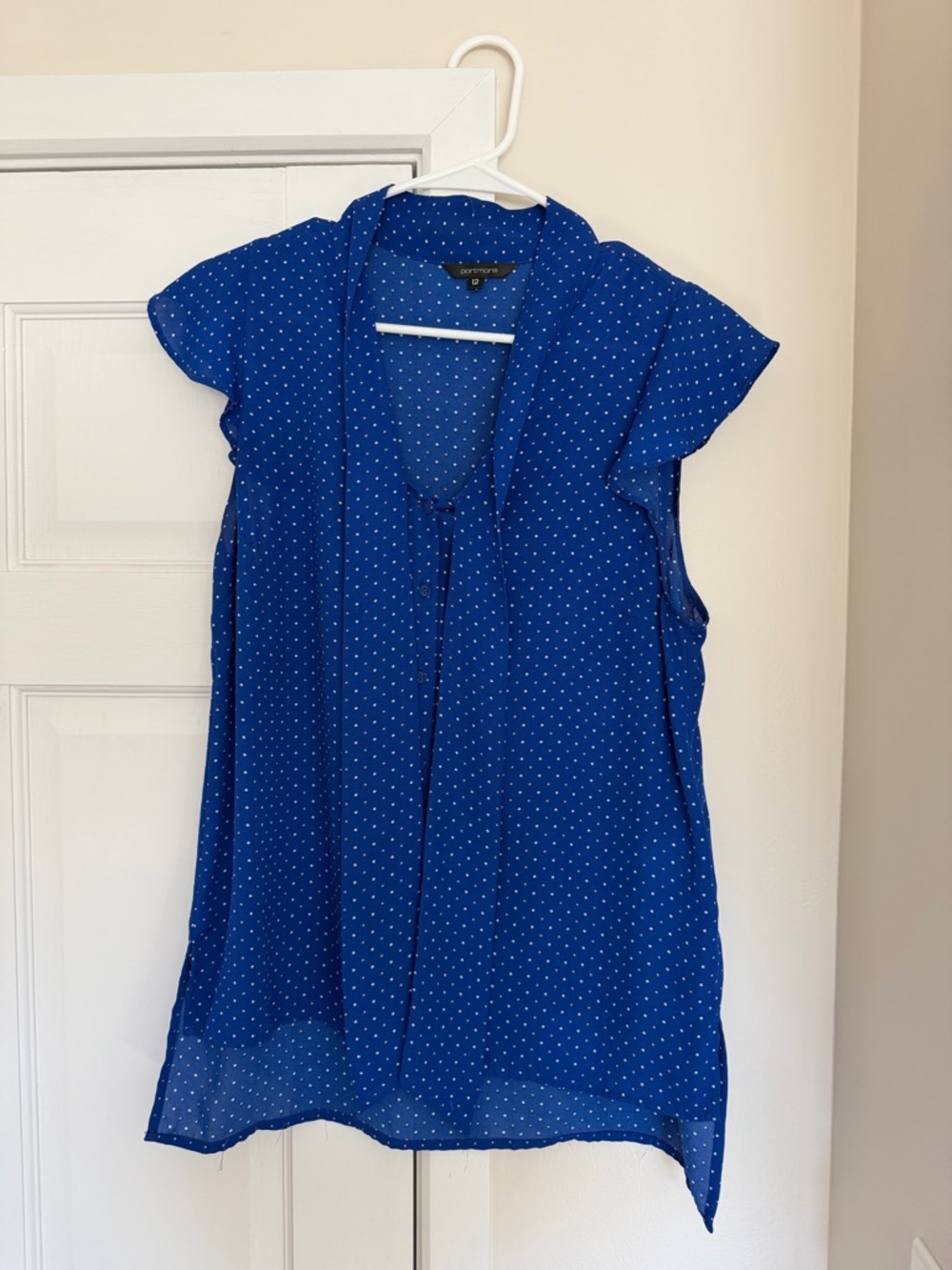 Portmans Blue Polka Dot Tie-Neck Flutter Sleeve Blouse Size 8 (US)/Size 12 (AU)